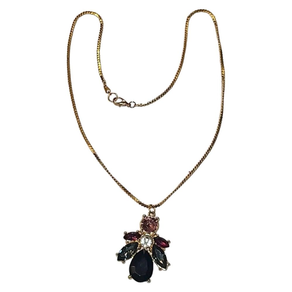 Gold Tone Pink Purple Light & Dark Blue Crystal Rhinestone Pendant Necklace 18"
